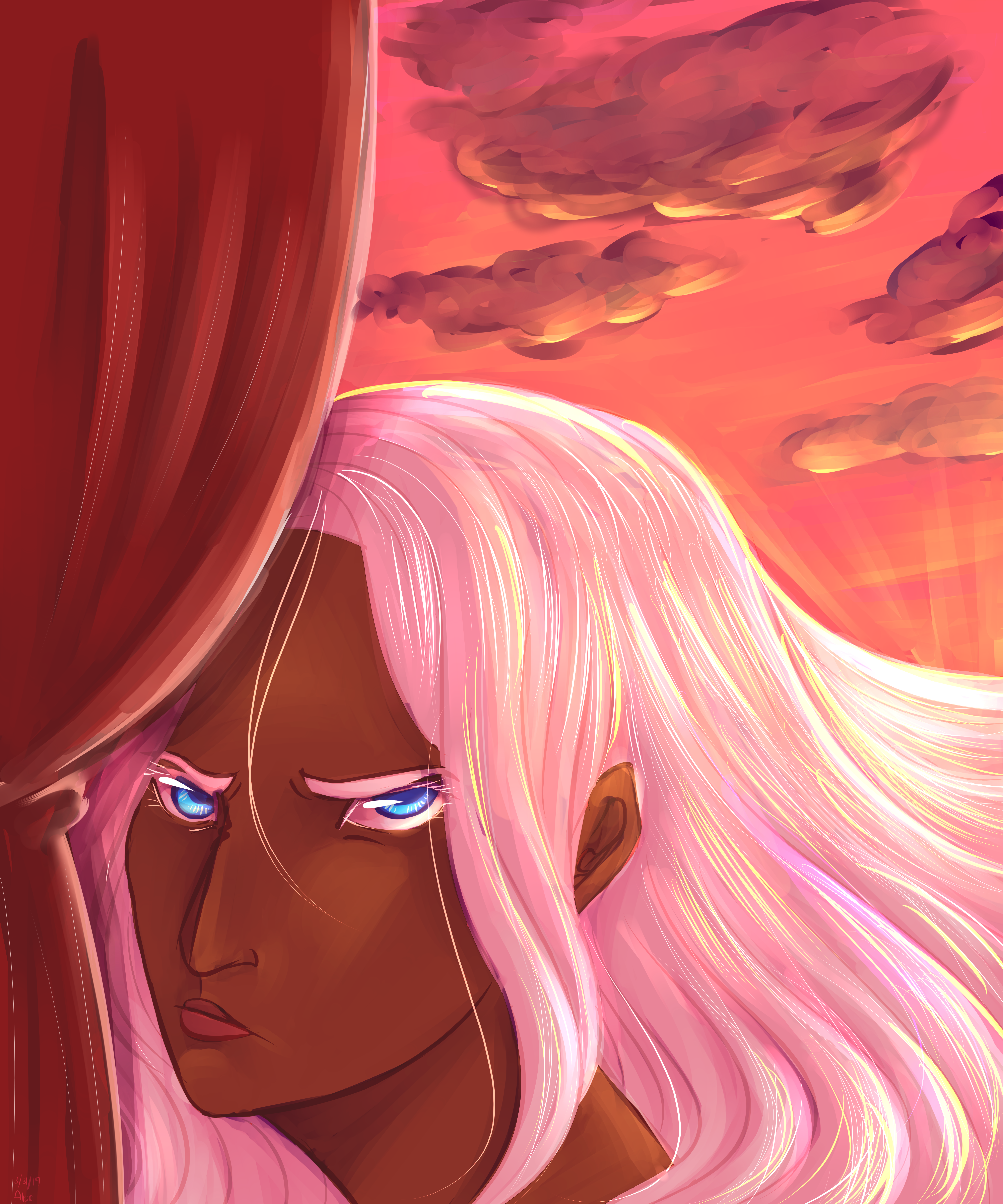 A woman with blue eyes and white hair glares up near a red curtain, with very pink lighting from a sunset in the background.